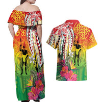 Vanuatu 45th Anniversary Couples Matching Off Shoulder Maxi Dress and Hawaiian Shirt Polynesian with Sand Drawing Pattern LT9 - Polynesian Pride