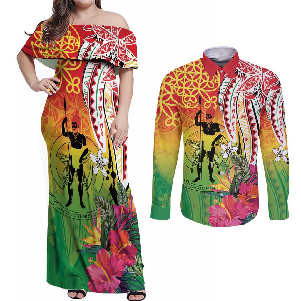 Vanuatu 45th Anniversary Couples Matching Off Shoulder Maxi Dress and Long Sleeve Button Shirt Polynesian with Sand Drawing Pattern LT9 Red - Polynesian Pride