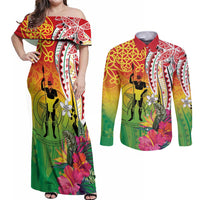 Vanuatu 45th Anniversary Couples Matching Off Shoulder Maxi Dress and Long Sleeve Button Shirt Polynesian with Sand Drawing Pattern LT9 Red - Polynesian Pride