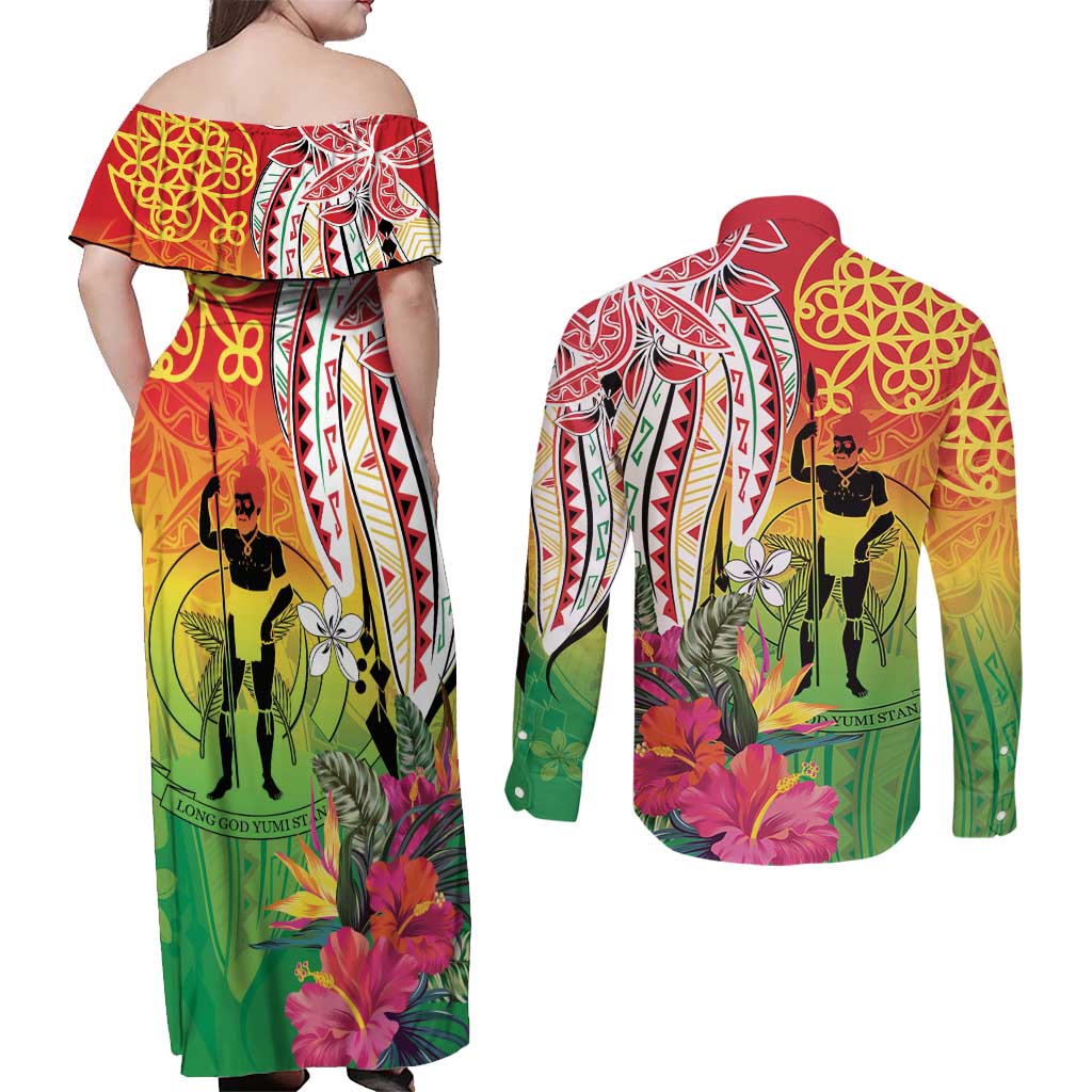 Vanuatu 45th Anniversary Couples Matching Off Shoulder Maxi Dress and Long Sleeve Button Shirt Polynesian with Sand Drawing Pattern LT9 - Polynesian Pride