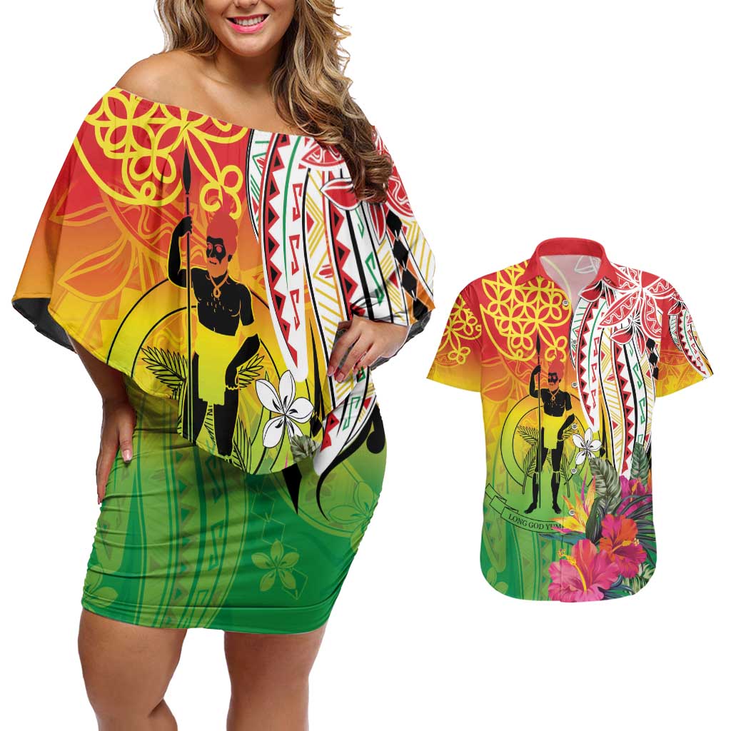 Vanuatu 45th Anniversary Couples Matching Off Shoulder Short Dress and Hawaiian Shirt Polynesian with Sand Drawing Pattern LT9 Red - Polynesian Pride