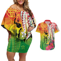 Vanuatu 45th Anniversary Couples Matching Off Shoulder Short Dress and Hawaiian Shirt Polynesian with Sand Drawing Pattern LT9 Red - Polynesian Pride