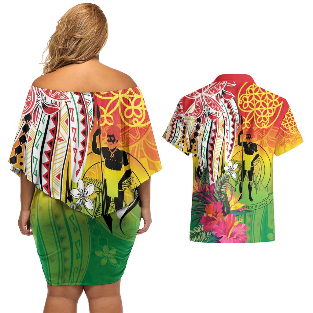 Vanuatu 45th Anniversary Couples Matching Off Shoulder Short Dress and Hawaiian Shirt Polynesian with Sand Drawing Pattern LT9 - Polynesian Pride