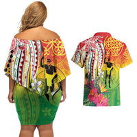 Vanuatu 45th Anniversary Couples Matching Off Shoulder Short Dress and Hawaiian Shirt Polynesian with Sand Drawing Pattern LT9 - Polynesian Pride