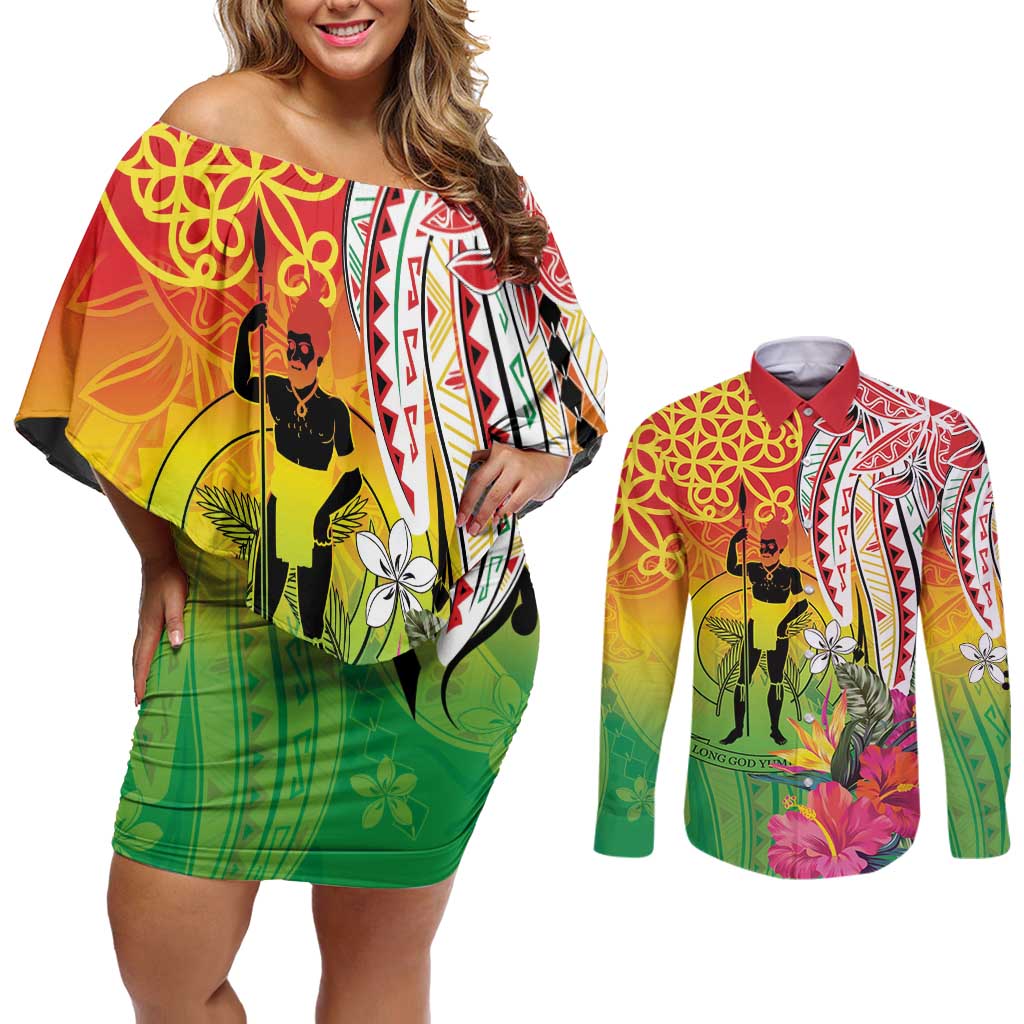 Vanuatu 45th Anniversary Couples Matching Off Shoulder Short Dress and Long Sleeve Button Shirt Polynesian with Sand Drawing Pattern LT9 Red - Polynesian Pride