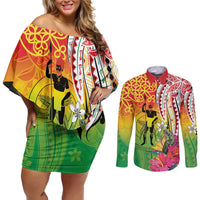 Vanuatu 45th Anniversary Couples Matching Off Shoulder Short Dress and Long Sleeve Button Shirt Polynesian with Sand Drawing Pattern LT9 Red - Polynesian Pride