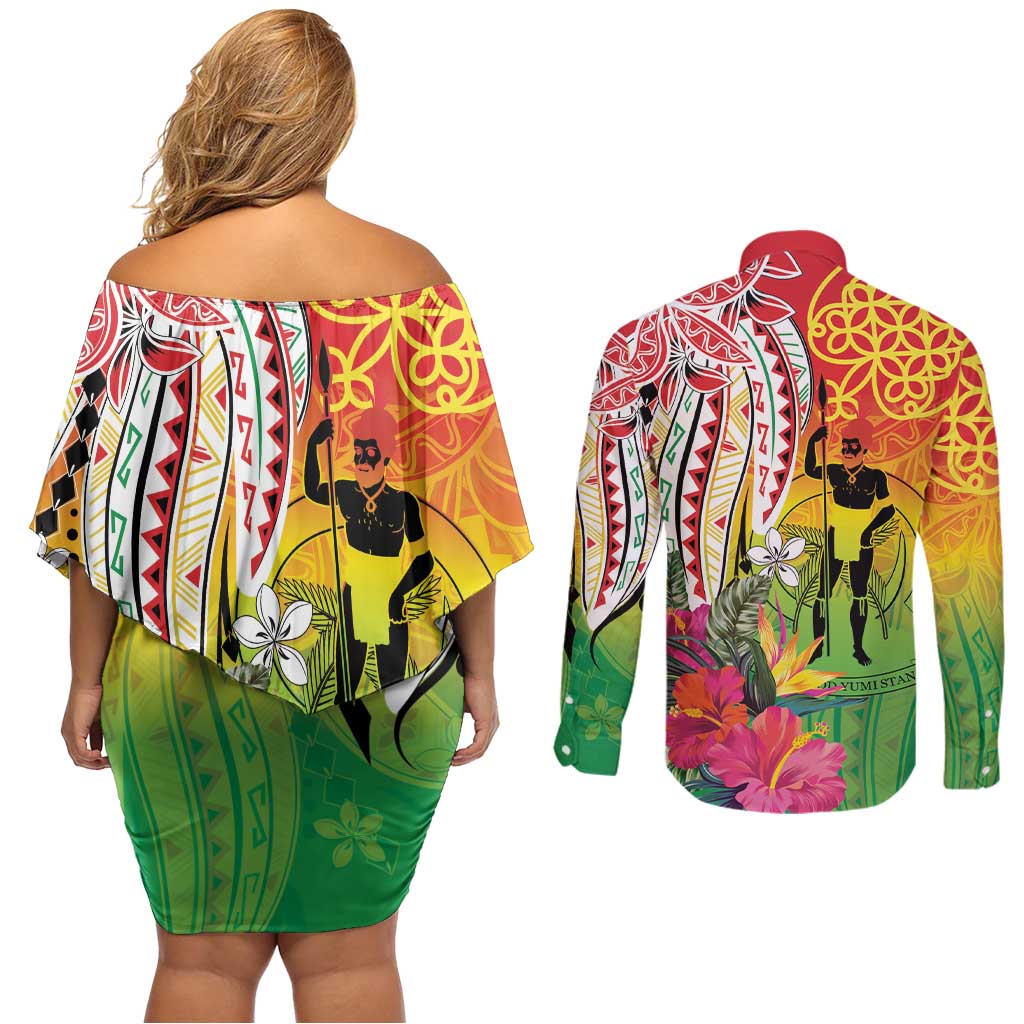 Vanuatu 45th Anniversary Couples Matching Off Shoulder Short Dress and Long Sleeve Button Shirt Polynesian with Sand Drawing Pattern LT9 - Polynesian Pride
