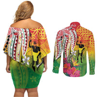 Vanuatu 45th Anniversary Couples Matching Off Shoulder Short Dress and Long Sleeve Button Shirt Polynesian with Sand Drawing Pattern LT9 - Polynesian Pride