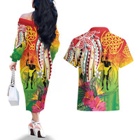 Vanuatu 45th Anniversary Couples Matching Off The Shoulder Long Sleeve Dress and Hawaiian Shirt Polynesian with Sand Drawing Pattern LT9 - Polynesian Pride