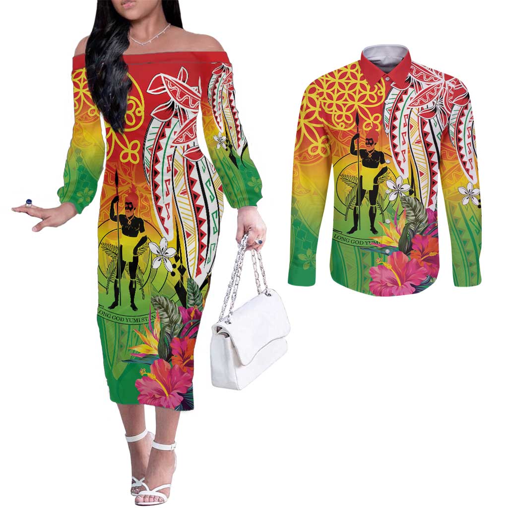 Vanuatu 45th Anniversary Couples Matching Off The Shoulder Long Sleeve Dress and Long Sleeve Button Shirt Polynesian with Sand Drawing Pattern LT9 Red - Polynesian Pride