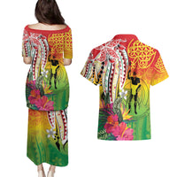 Vanuatu 45th Anniversary Couples Matching Puletasi and Hawaiian Shirt Polynesian with Sand Drawing Pattern LT9 - Polynesian Pride