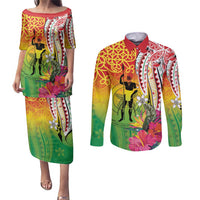 Vanuatu 45th Anniversary Couples Matching Puletasi and Long Sleeve Button Shirt Polynesian with Sand Drawing Pattern LT9 Red - Polynesian Pride