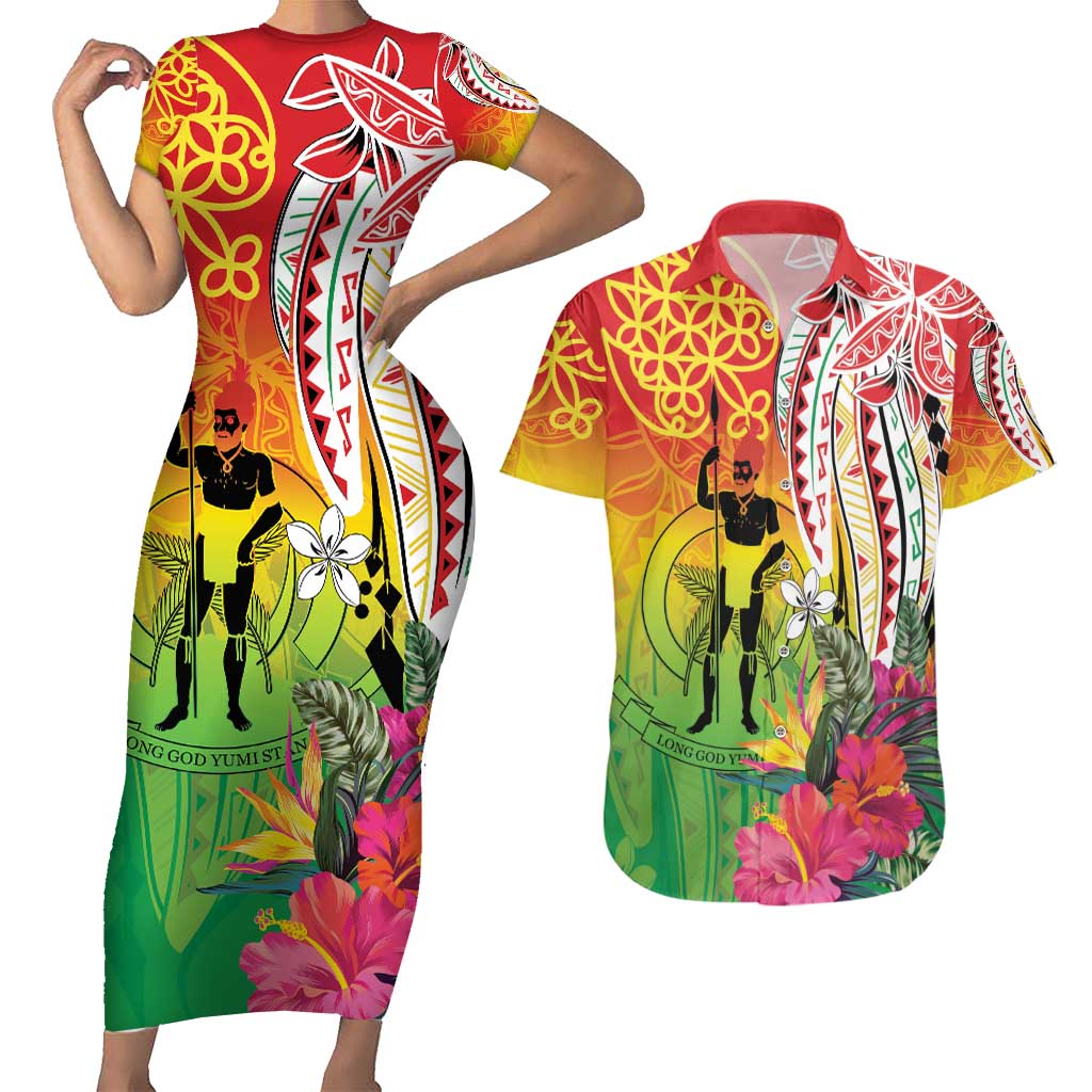Vanuatu 45th Anniversary Couples Matching Short Sleeve Bodycon Dress and Hawaiian Shirt Polynesian with Sand Drawing Pattern LT9 Red - Polynesian Pride