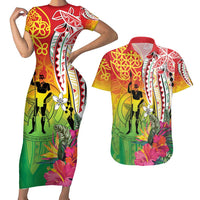 Vanuatu 45th Anniversary Couples Matching Short Sleeve Bodycon Dress and Hawaiian Shirt Polynesian with Sand Drawing Pattern LT9 Red - Polynesian Pride