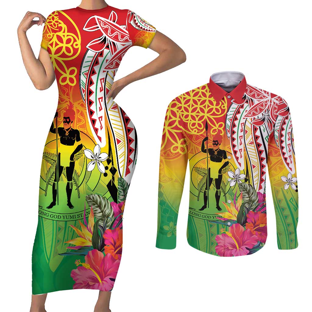 Vanuatu 45th Anniversary Couples Matching Short Sleeve Bodycon Dress and Long Sleeve Button Shirt Polynesian with Sand Drawing Pattern LT9 Red - Polynesian Pride