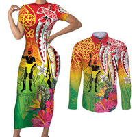 Vanuatu 45th Anniversary Couples Matching Short Sleeve Bodycon Dress and Long Sleeve Button Shirt Polynesian with Sand Drawing Pattern LT9 Red - Polynesian Pride
