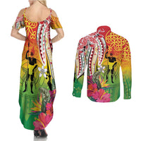 Vanuatu 45th Anniversary Couples Matching Summer Maxi Dress and Long Sleeve Button Shirt Polynesian with Sand Drawing Pattern LT9 - Polynesian Pride