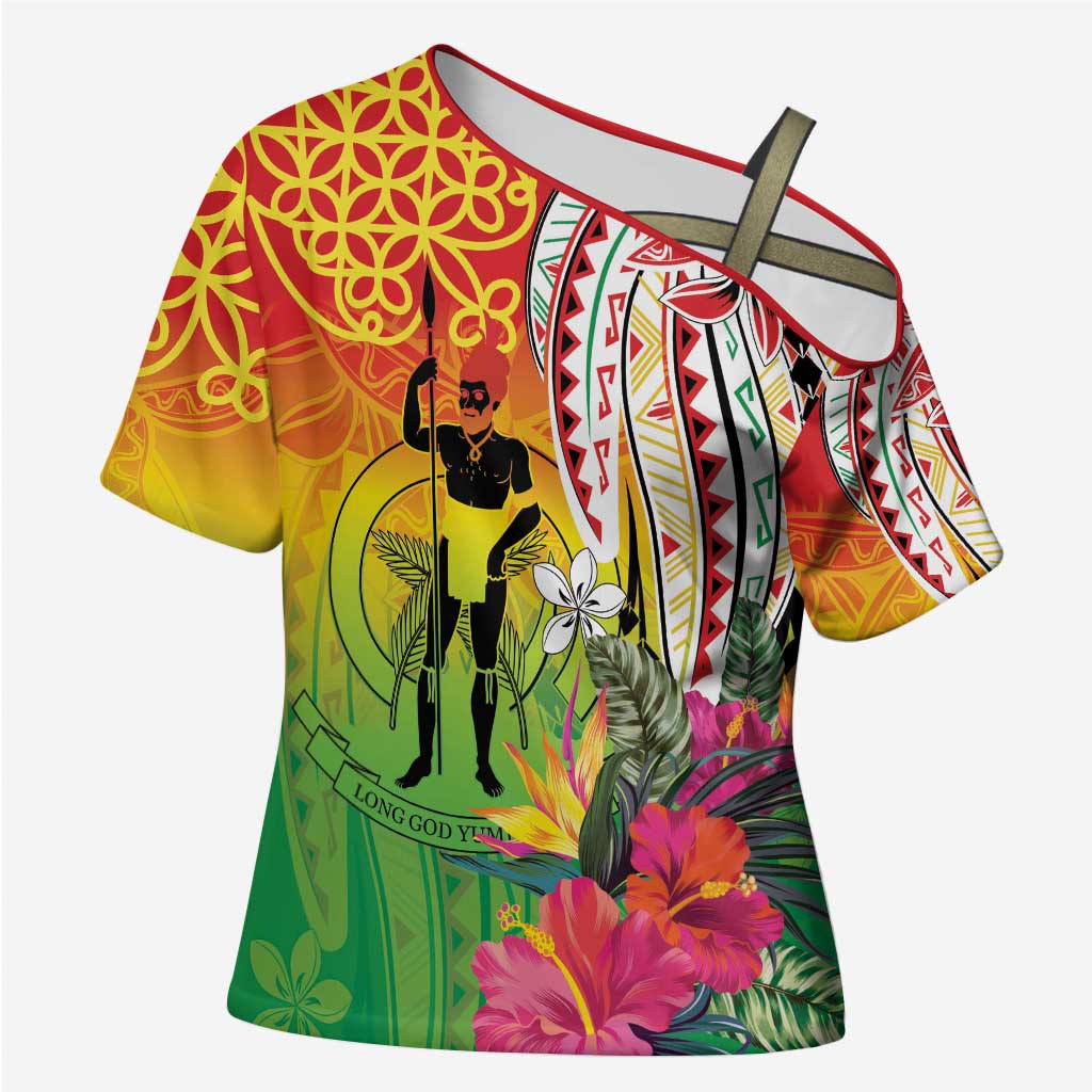 Vanuatu 45th Anniversary Cross Shoulder Shirt Polynesian with Sand Drawing Pattern LT9 Female Red - Polynesian Pride