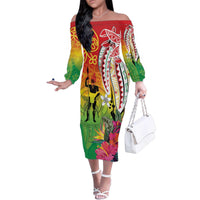 Vanuatu 45th Anniversary Family Matching Off The Shoulder Long Sleeve Dress and Hawaiian Shirt Polynesian with Sand Drawing Pattern