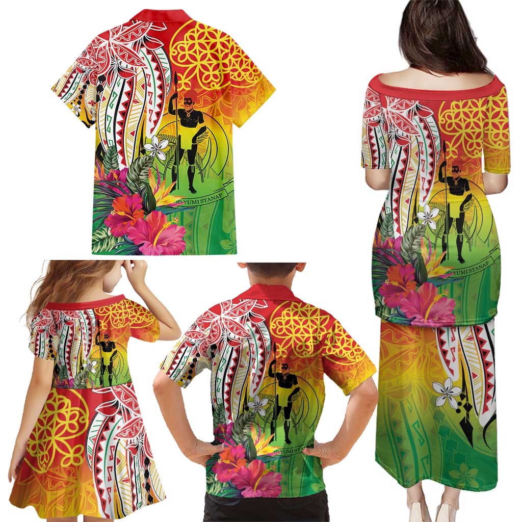 Vanuatu 45th Anniversary Family Matching Puletasi and Hawaiian Shirt Polynesian with Sand Drawing Pattern