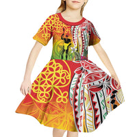 Vanuatu 45th Anniversary Kid Short Sleeve Dress Polynesian with Sand Drawing Pattern