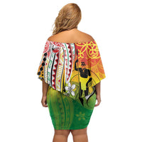 Vanuatu 45th Anniversary Off Shoulder Short Dress Polynesian with Sand Drawing Pattern
