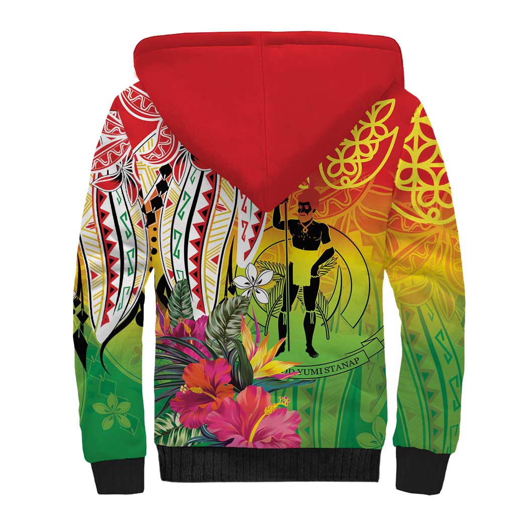 Vanuatu 45th Anniversary Sherpa Hoodie Polynesian with Sand Drawing Pattern LT9 - Polynesian Pride