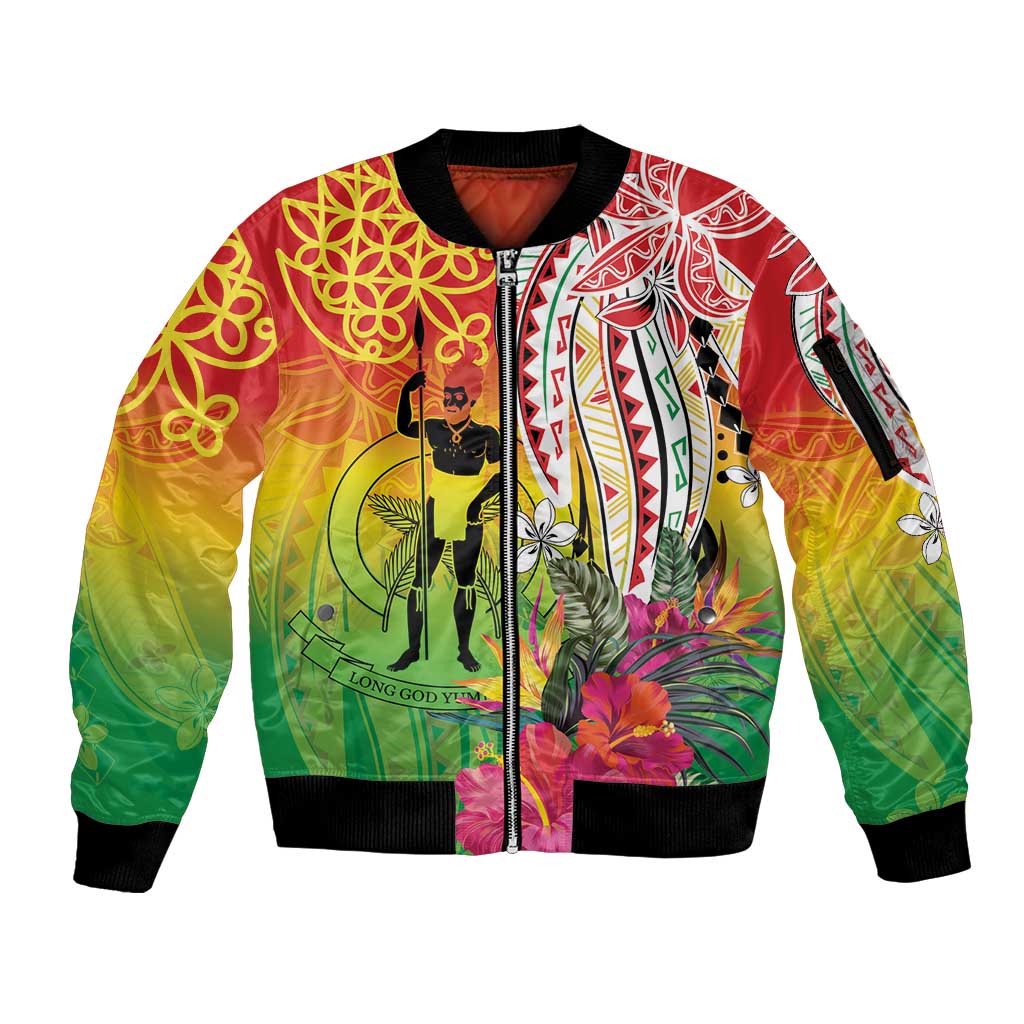 Vanuatu 45th Anniversary Sleeve Zip Bomber Jacket Polynesian with Sand Drawing Pattern