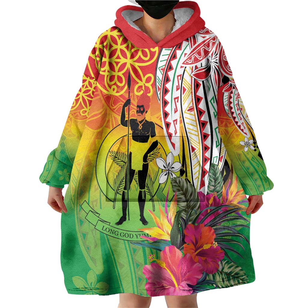 Vanuatu 45th Anniversary Wearable Blanket Hoodie Polynesian with Sand Drawing Pattern
