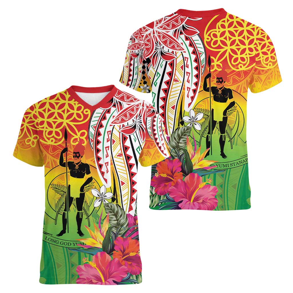 Vanuatu 45th Anniversary Women V-Neck T-Shirt Polynesian with Sand Drawing Pattern