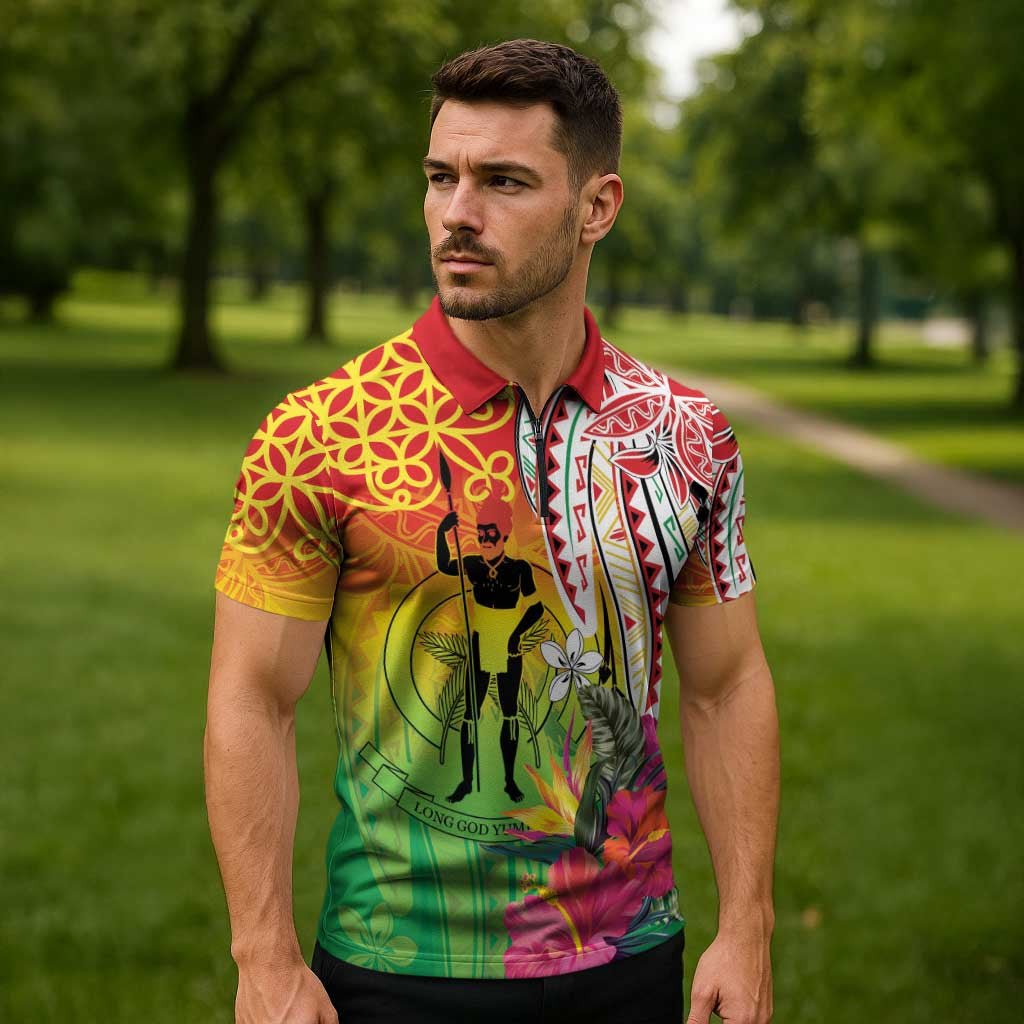 Vanuatu 45th Anniversary Zipper Polo Shirt Polynesian with Sand Drawing Pattern LT9 - Polynesian Pride