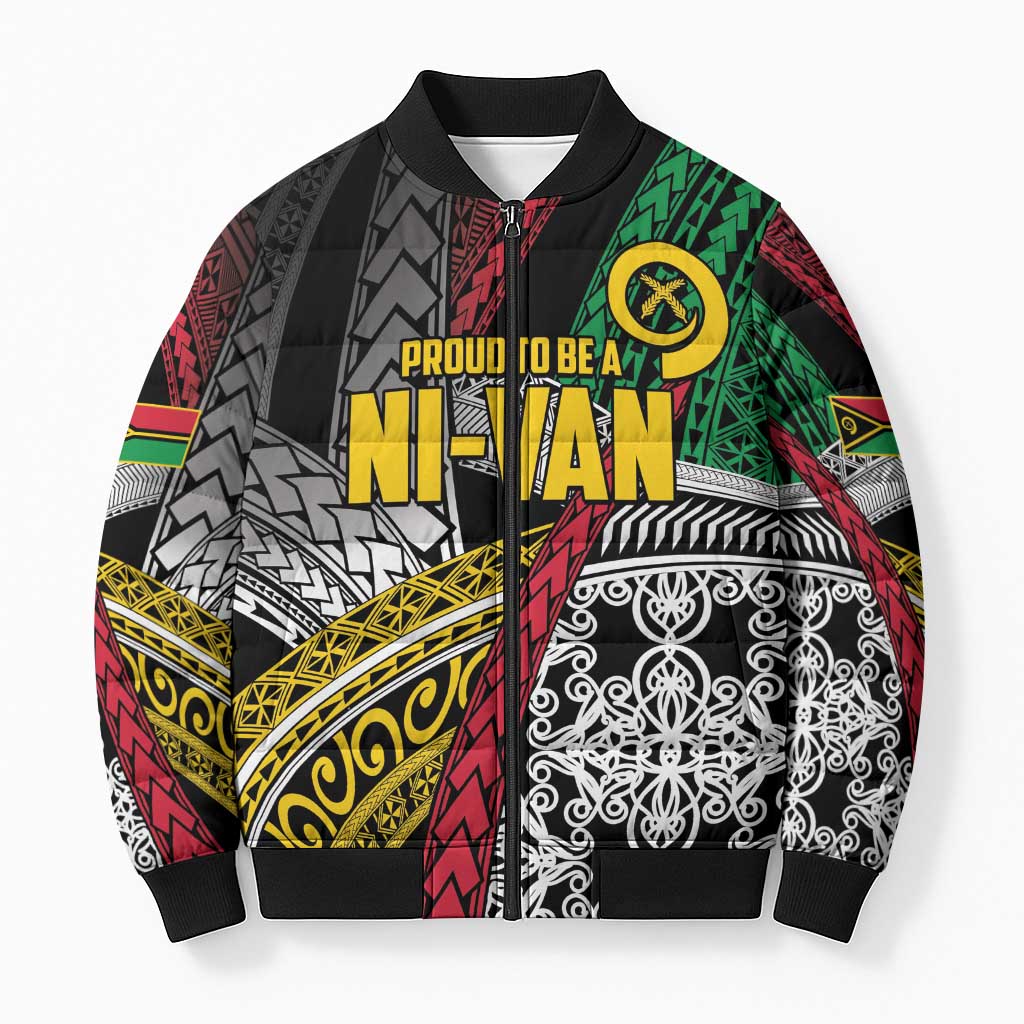 Vanuatu Proud to be Ni-van Personalised Bomber Puffer Jacket with Mutis En Atan Patterns LT9 Unisex Black - Polynesian Pride