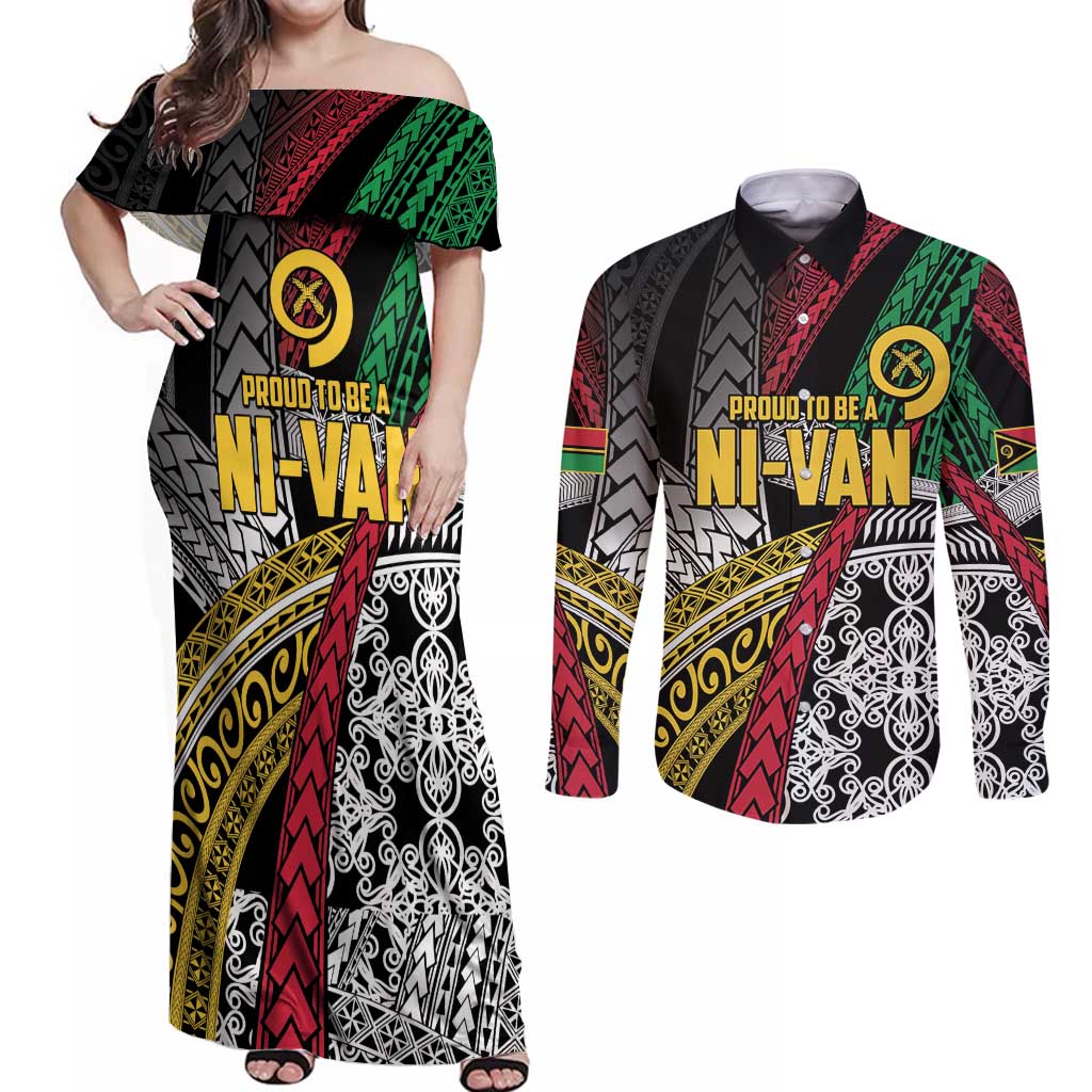 Vanuatu Proud to be Ni-van Personalised Couples Matching Off Shoulder Maxi Dress and Long Sleeve Button Shirt with Mutis En Atan Patterns LT9 Black - Polynesian Pride