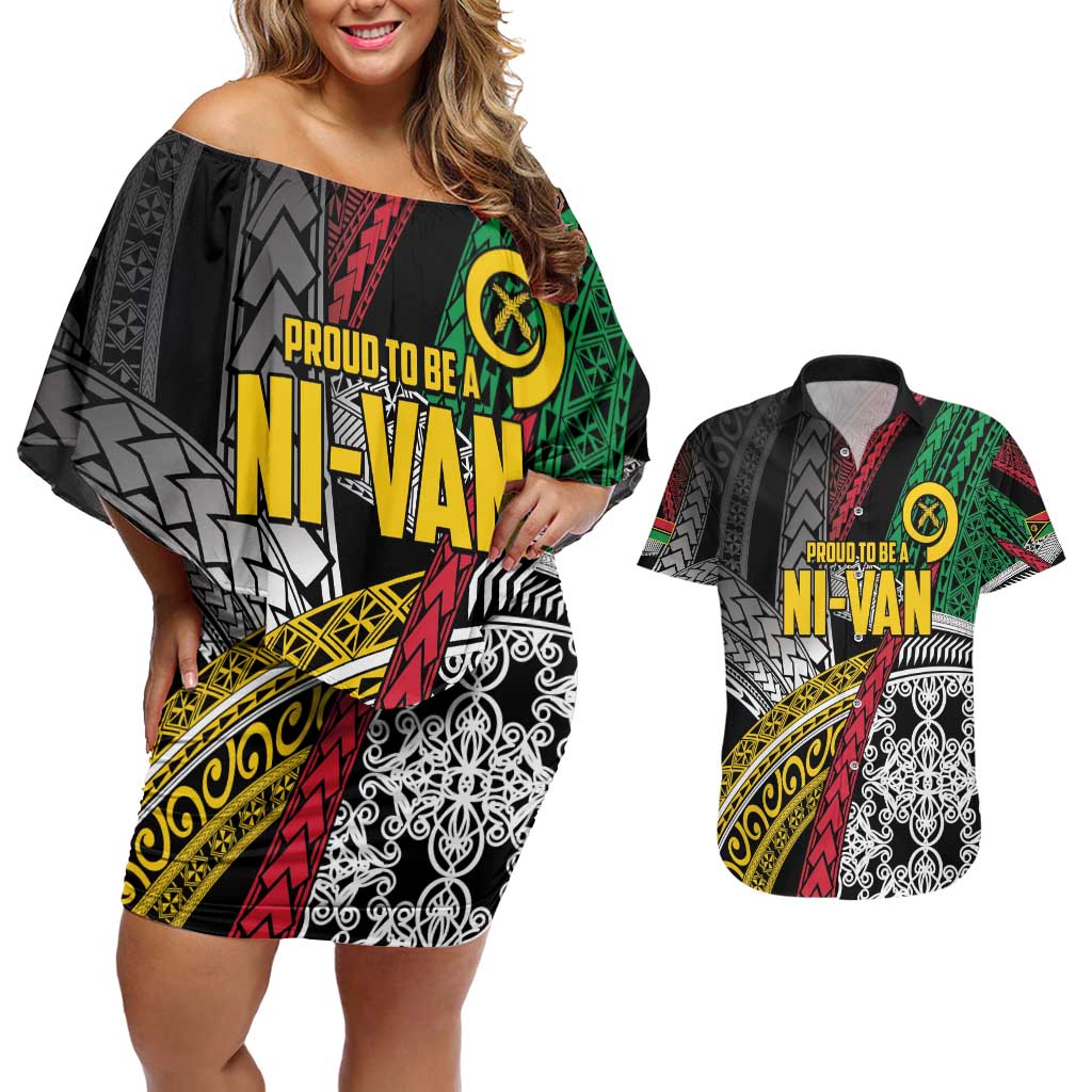 Vanuatu Proud to be Ni-van Personalised Couples Matching Off Shoulder Short Dress and Hawaiian Shirt with Mutis En Atan Patterns LT9 Black - Polynesian Pride