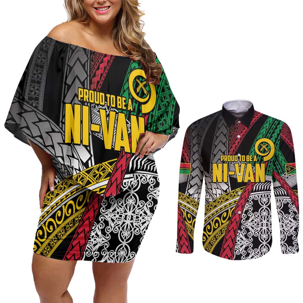 Vanuatu Proud to be Ni-van Personalised Couples Matching Off Shoulder Short Dress and Long Sleeve Button Shirt with Mutis En Atan Patterns LT9 Black - Polynesian Pride