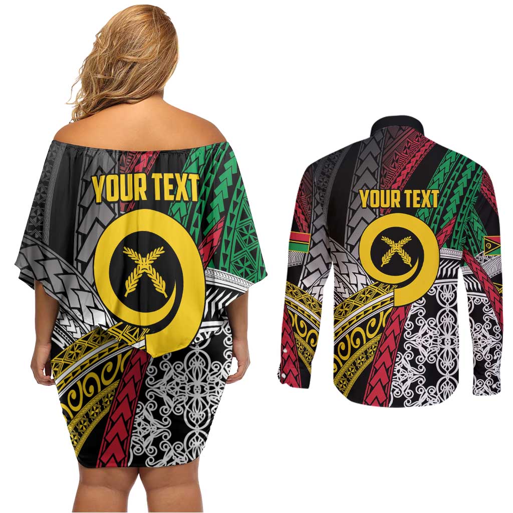 Vanuatu Proud to be Ni-van Personalised Couples Matching Off Shoulder Short Dress and Long Sleeve Button Shirt with Mutis En Atan Patterns LT9 - Polynesian Pride