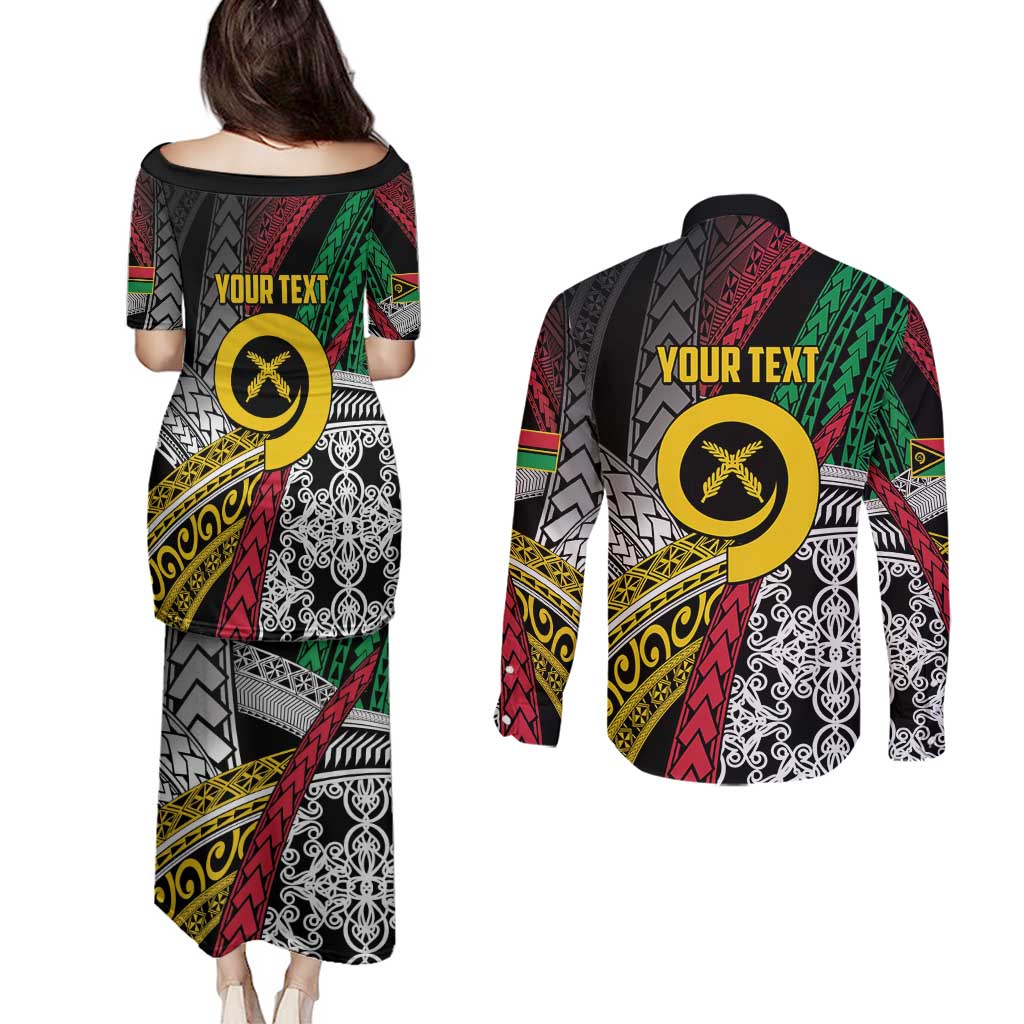 Vanuatu Proud to be Ni-van Personalised Couples Matching Puletasi and Long Sleeve Button Shirt with Mutis En Atan Patterns LT9 - Polynesian Pride