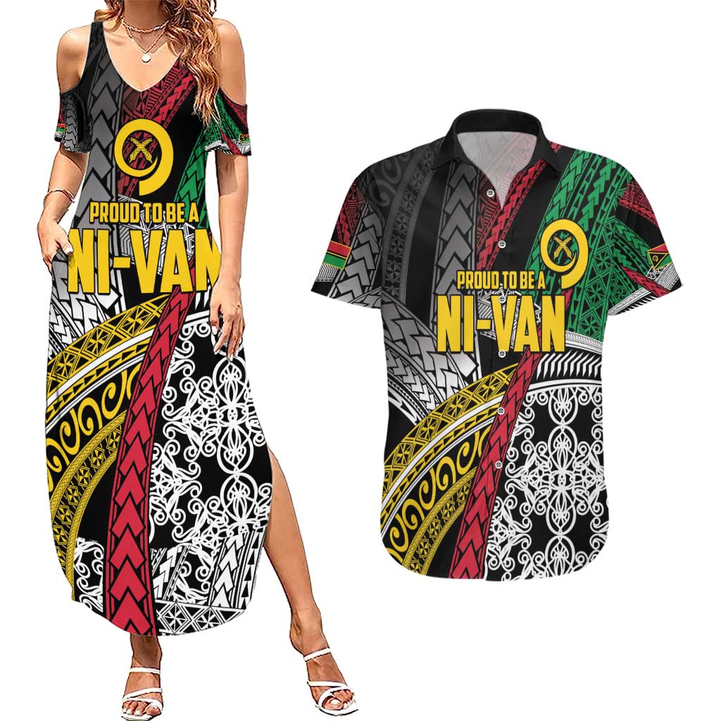 Vanuatu Proud to be Ni-van Personalised Couples Matching Summer Maxi Dress and Hawaiian Shirt with Mutis En Atan Patterns LT9 Black - Polynesian Pride