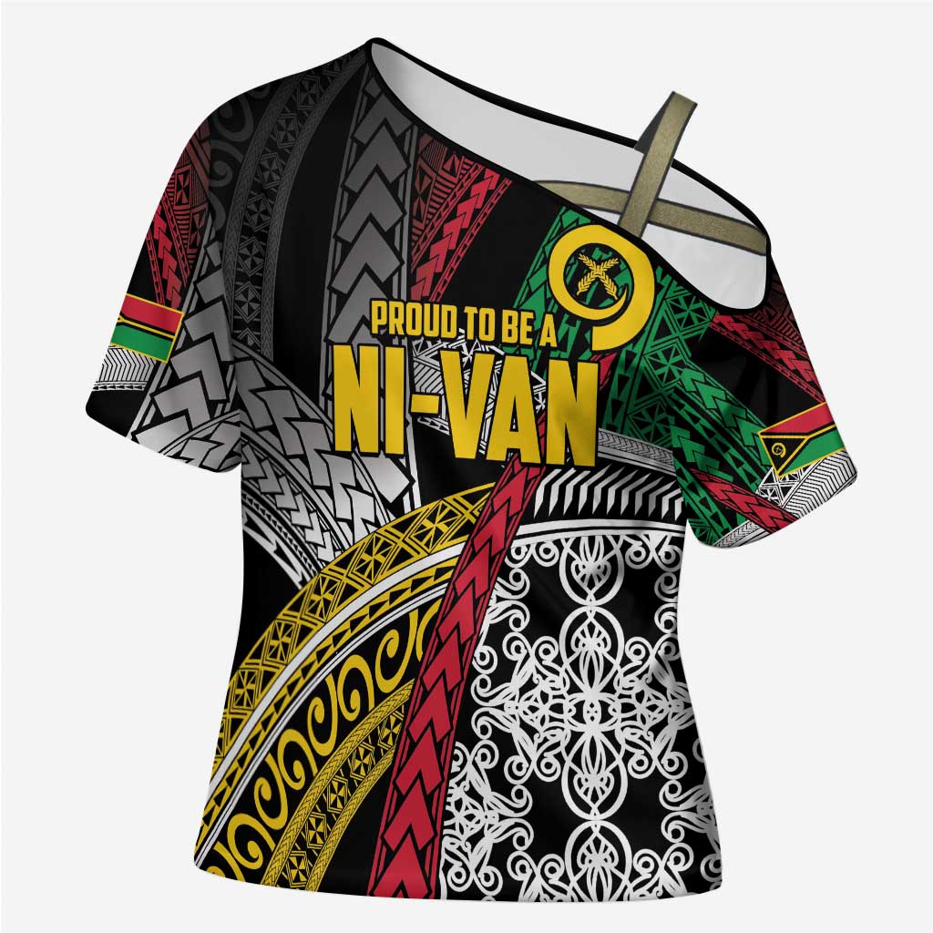 Vanuatu Proud to be Ni-van Personalised Cross Shoulder Shirt with Mutis En Atan Patterns LT9 Female Black - Polynesian Pride