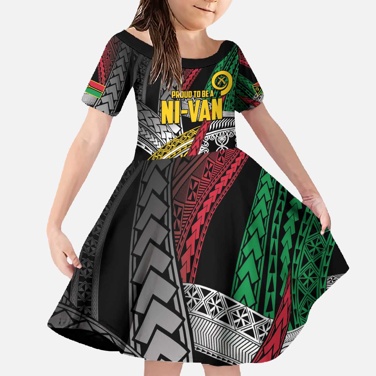 Vanuatu Proud to be Ni-van Personalised Family Matching Off The Shoulder Long Sleeve Dress and Hawaiian Shirt with Mutis En Atan Patterns