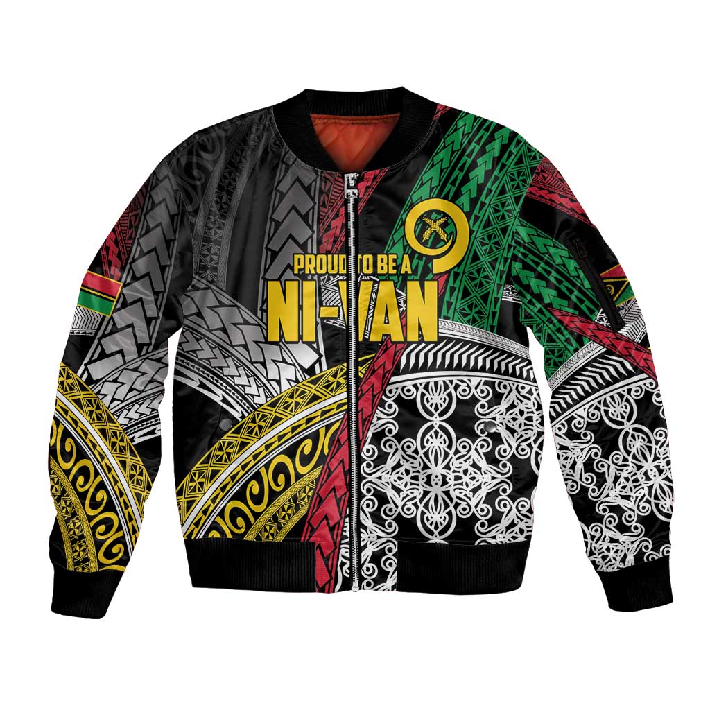 Vanuatu Proud to be Ni-van Personalised Sleeve Zip Bomber Jacket with Mutis En Atan Patterns