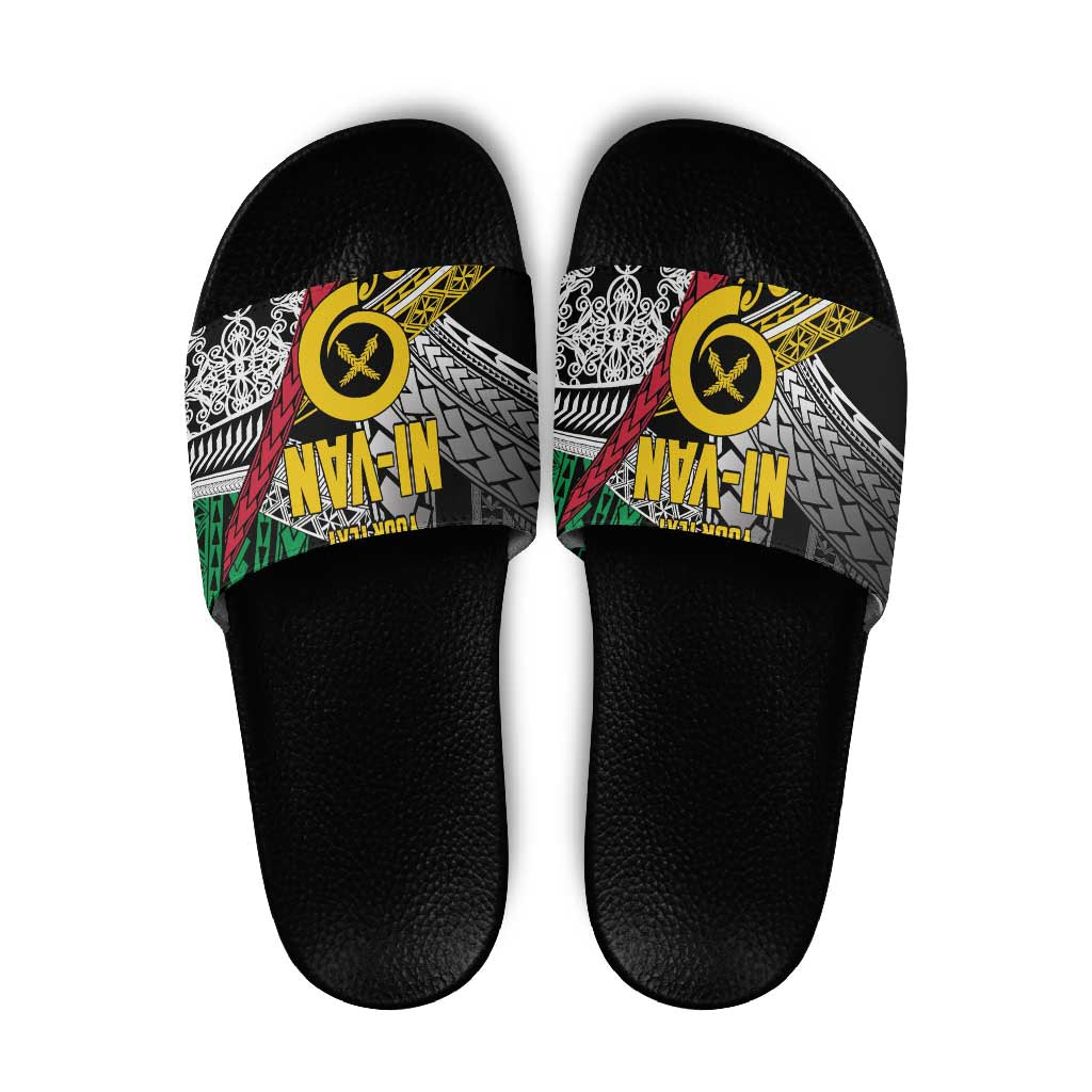 Vanuatu Proud to be Ni-van Personalised Slide Sandals with Mutis En Atan Patterns - Polynesian Pride