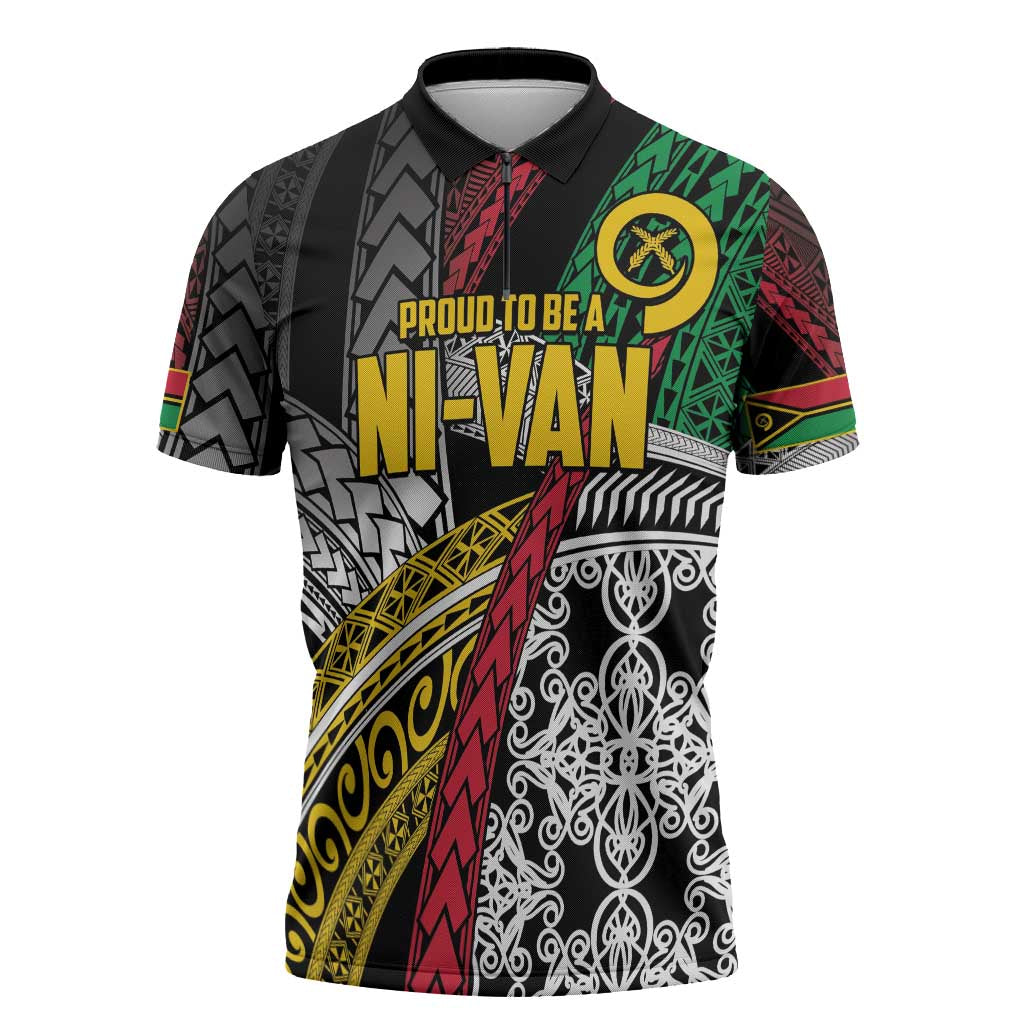 Vanuatu Proud to be Ni-van Personalised Zipper Polo Shirt with Mutis En Atan Patterns LT9 Black - Polynesian Pride