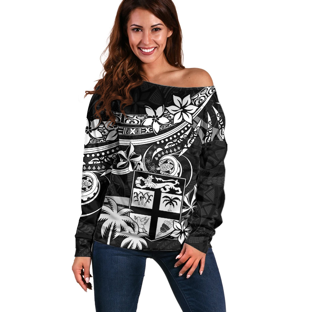 Fiji Islands Off Shoulder Sweater Coat of Arms Fijian Flower Polynesian Pattern - Black LT9 Women Black - Polynesian Pride