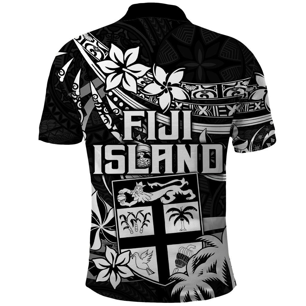 Fiji Islands Polo Shirt Coat of Arms Fijian Flower Polynesian Pattern Black LT9 - Polynesian Pride