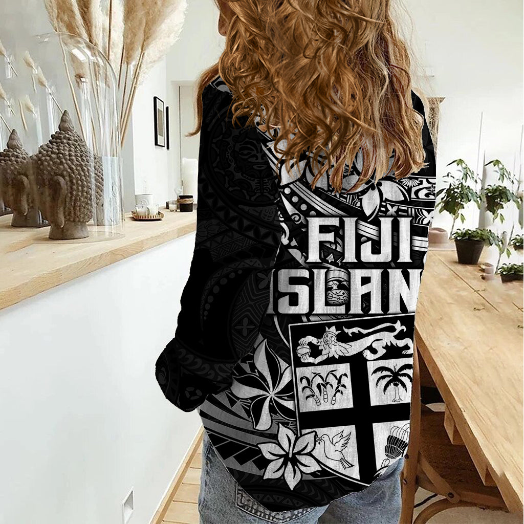 Fiji Islands Women Casual Shirt Coat of Arms Fijian Flower Polynesian Pattern - Black LT9 - Polynesian Pride