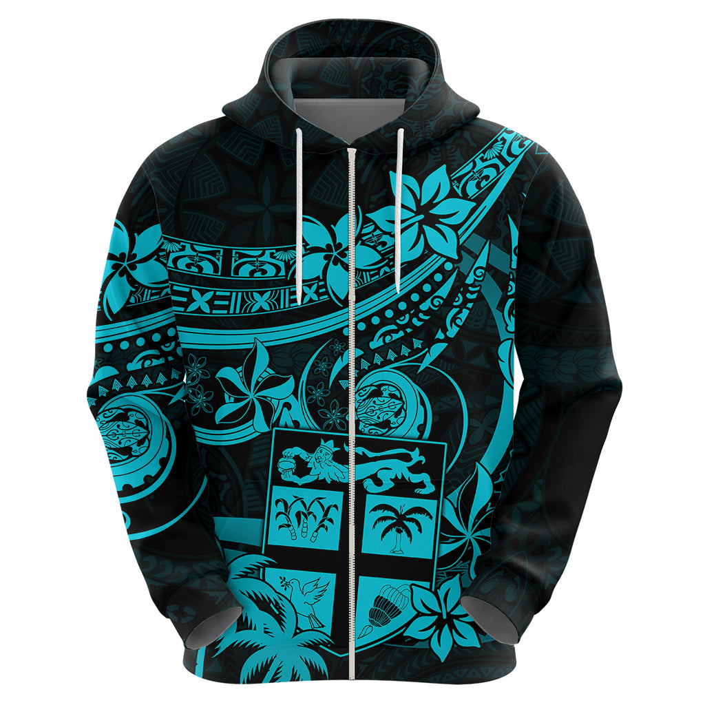 Fiji Islands Hoodie Coat of Arms Fijian Flower Polynesian Pattern Aqua LT9 - Polynesian Pride