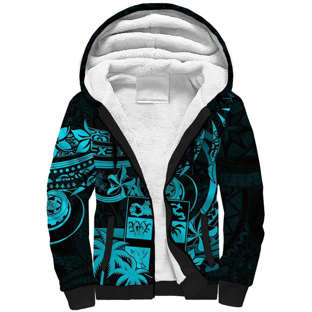 Fiji Islands Sherpa Hoodie Coat of Arms Fijian Flower Polynesian Pattern - Aqua LT9 Unisex Aqua - Polynesian Pride