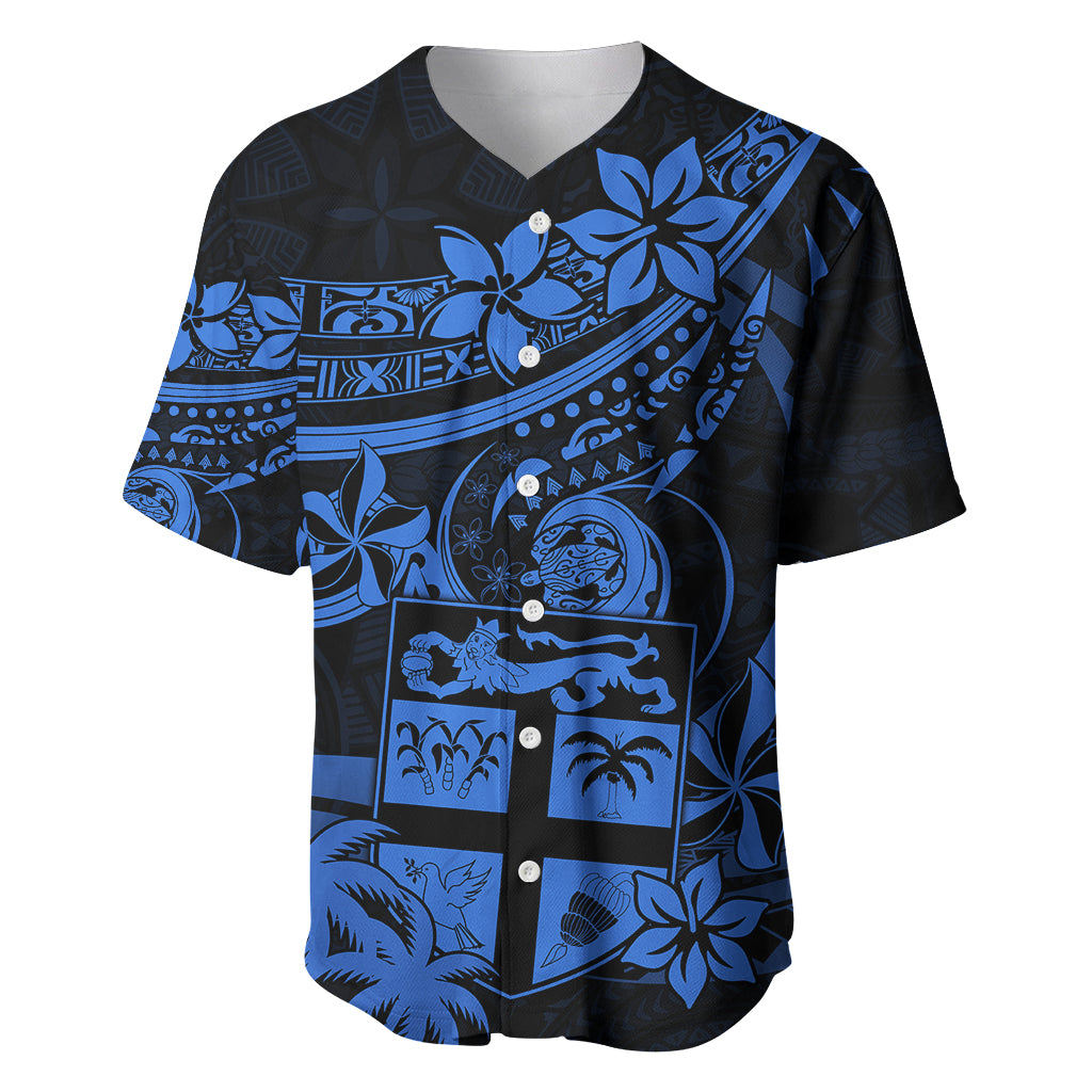 Fiji Islands Baseball Jersey Coat of Arms Fijian Flower Polynesian Pattern - Blue LT9 Blue - Polynesian Pride