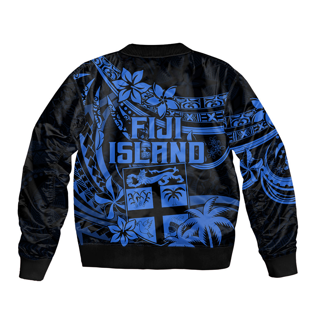 Fiji Islands Sleeve Zip Bomber Jacket Coat of Arms Fijian Flower Polynesian Pattern - Blue LT9 - Polynesian Pride